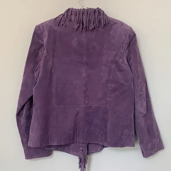 Dialogue purple 100% leather fringed jacket shoulder pads fully lined size M - Picture 2 of 8